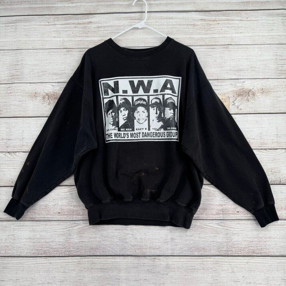 N.W.A. Distressed Crewneck Logo Sweatshirt Adult‎ Size XL Black Ice Cube Dr. Dre